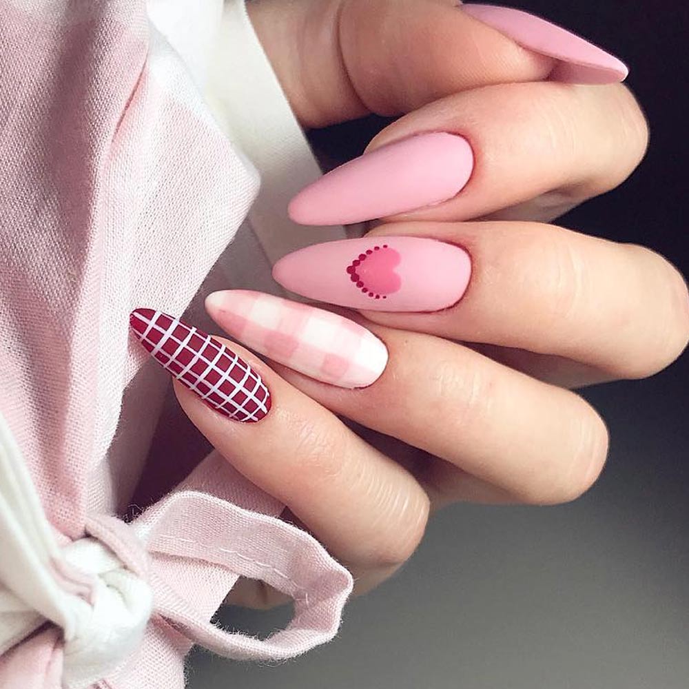 Pink V-Days Nails with Plaid Print