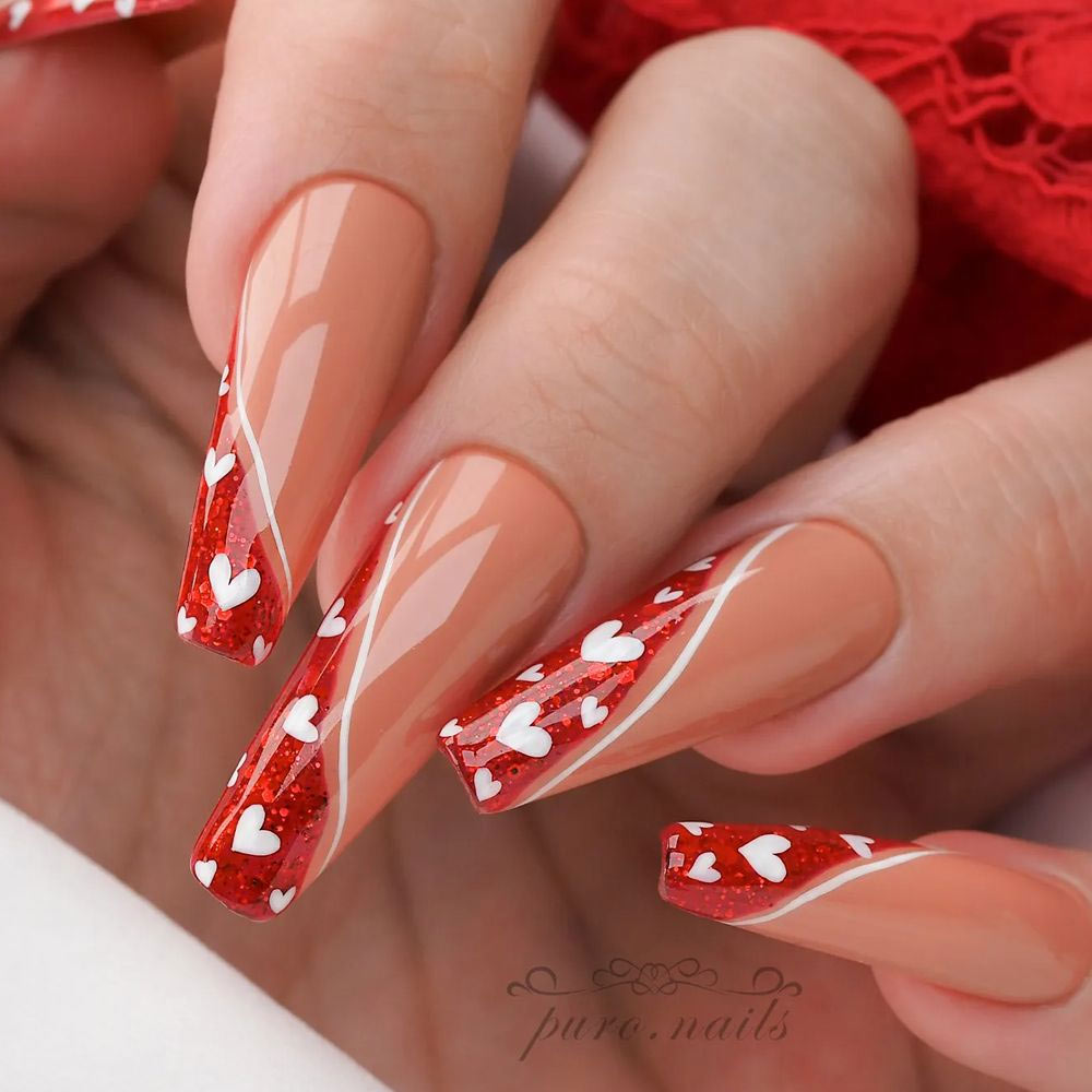 White Hearts Nails Art for Valentines Day