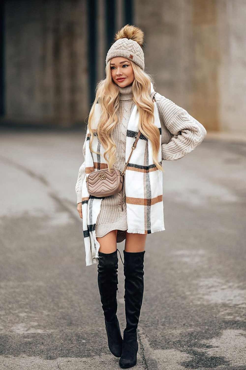 Sweater Dress with Scarf Outfits with OTK Boots
