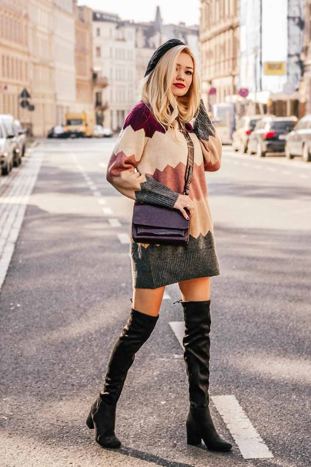 Sweater Dress with a Beret and Over the Knee Boots