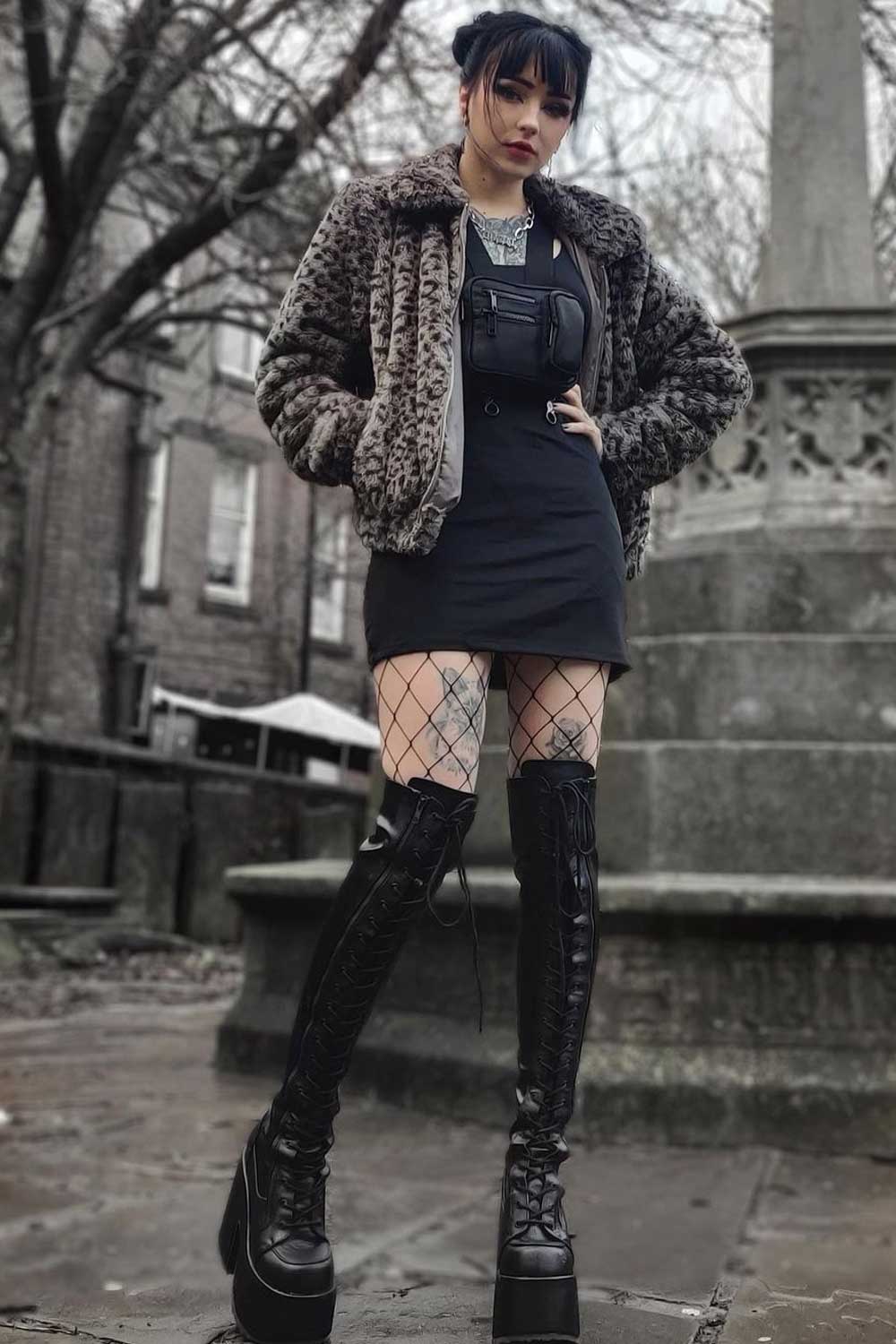 Black Mini Dress with Over The Knee Boots and Fur Jacket