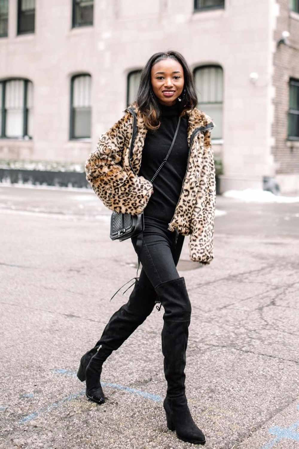 Leopard Print Fur Jacket with OTK Boots Outfits