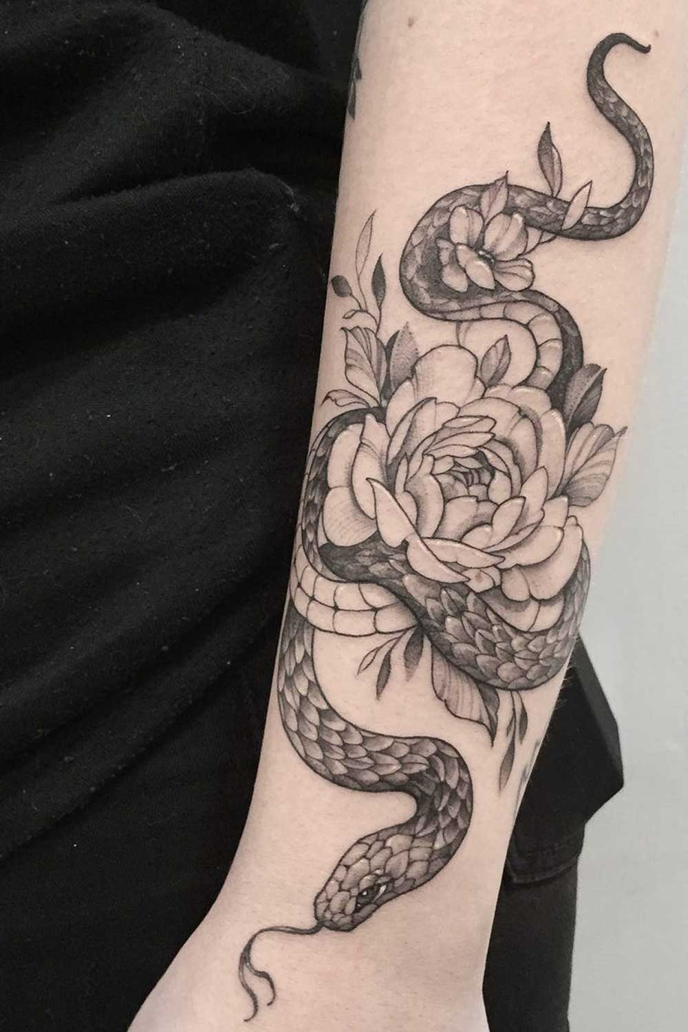 Hand Tattoo with Snake and Flowers