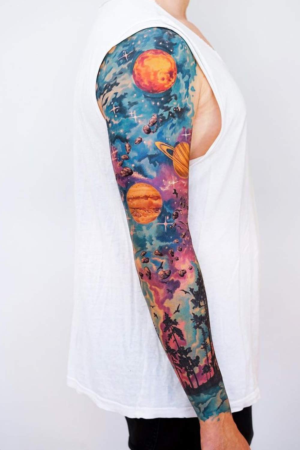 Watercolor Sleeve Tattoo With Space Theme
