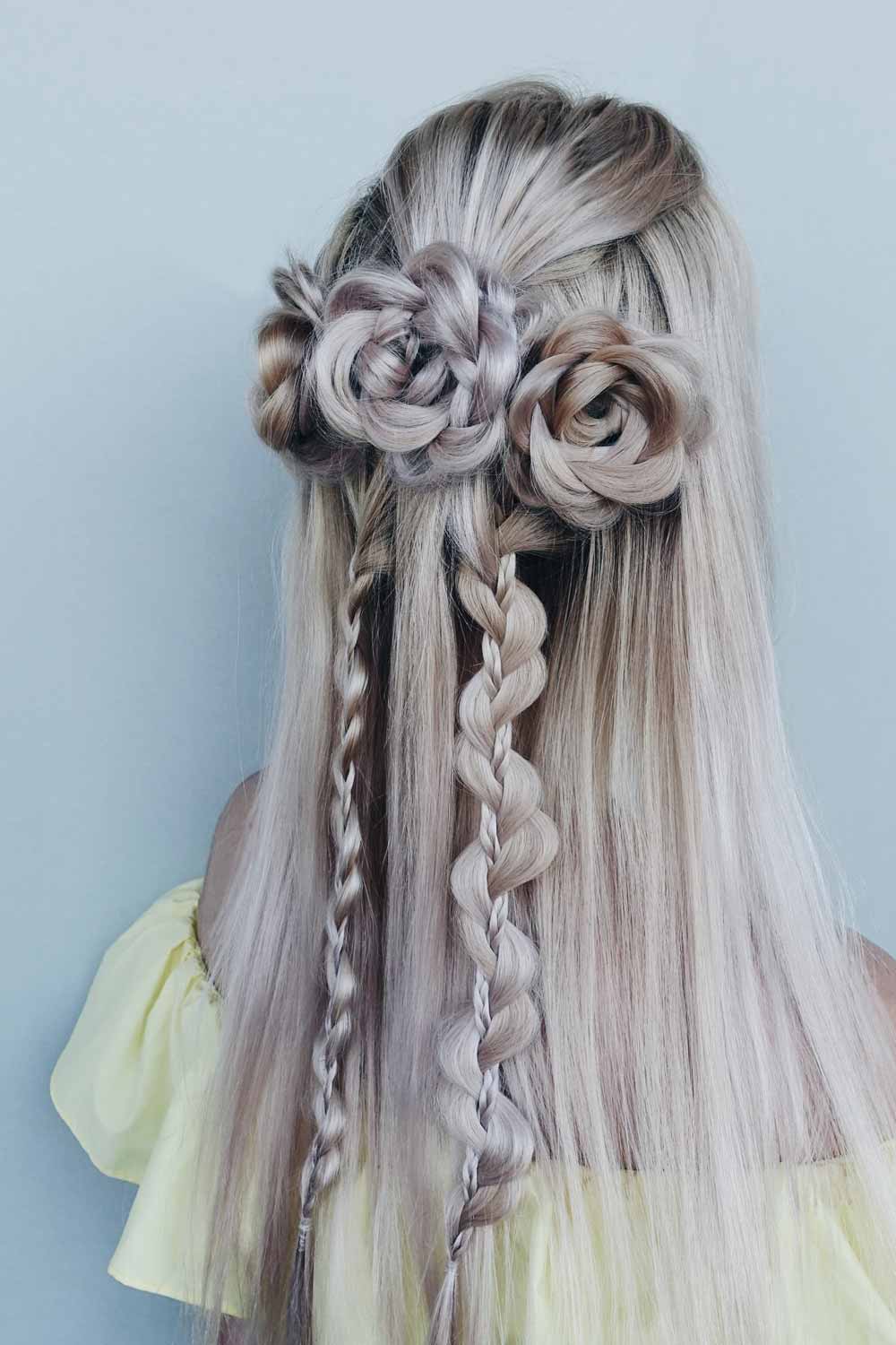 Half Up Half Down Hairstyle with Rose Braids