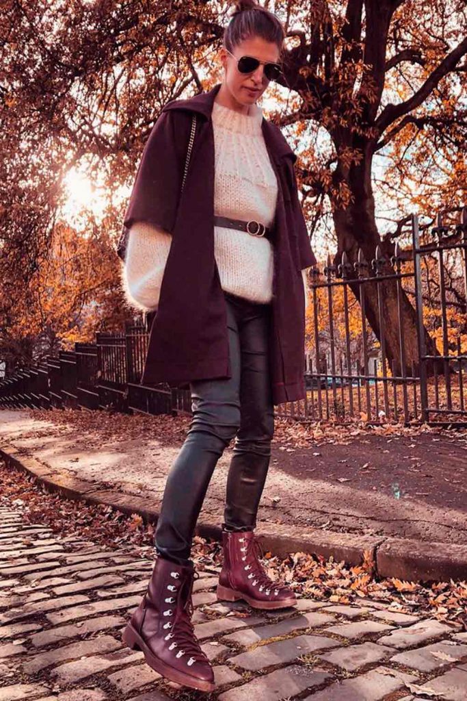 Autumn Outfit With Burgundy Cloak, Combat Boots & White Sweater