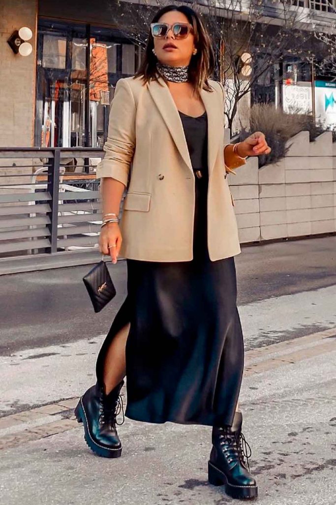 Elegant Long Black Skirt With Deep Slits & Business Jacket With Combat Boots