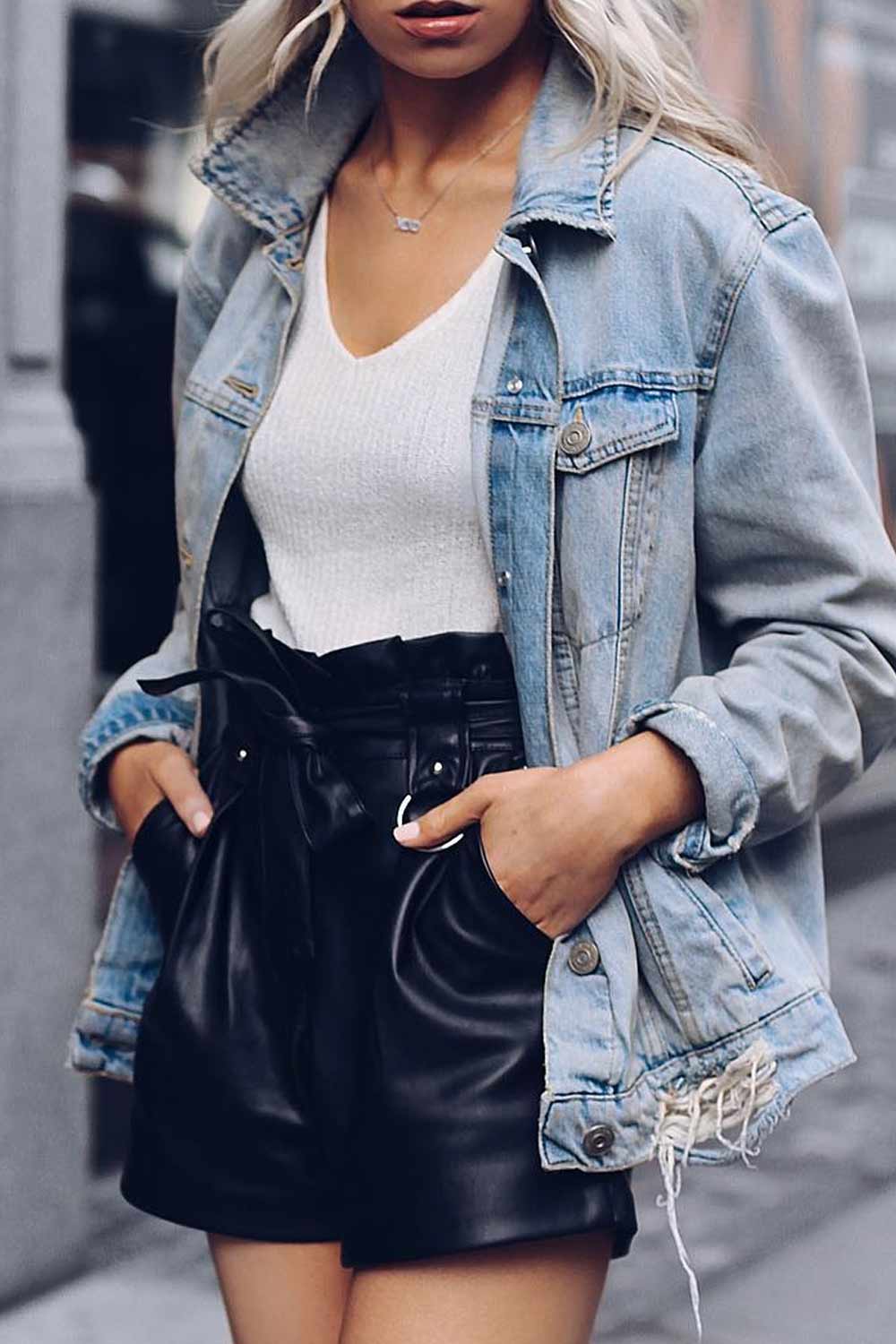 Denim Jacket Outfits with Leather Shorts