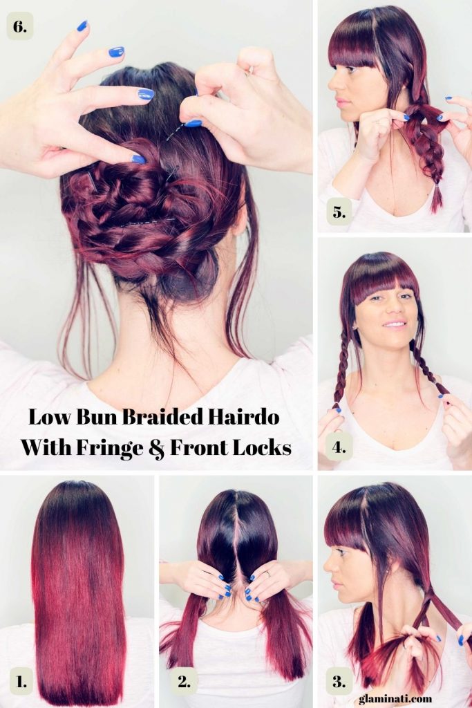 Low Bun Braided Hairdo With Fringe And Front Locks