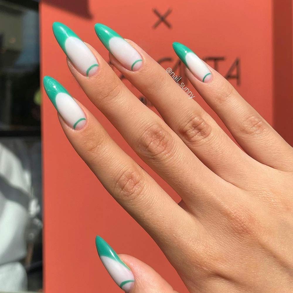 Long Almond Nails with Green French Tips