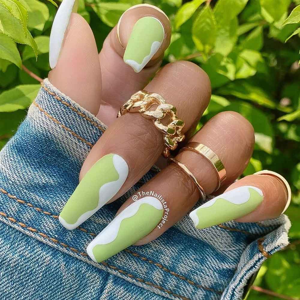 Matte Coffin Nails with White and Green Colors