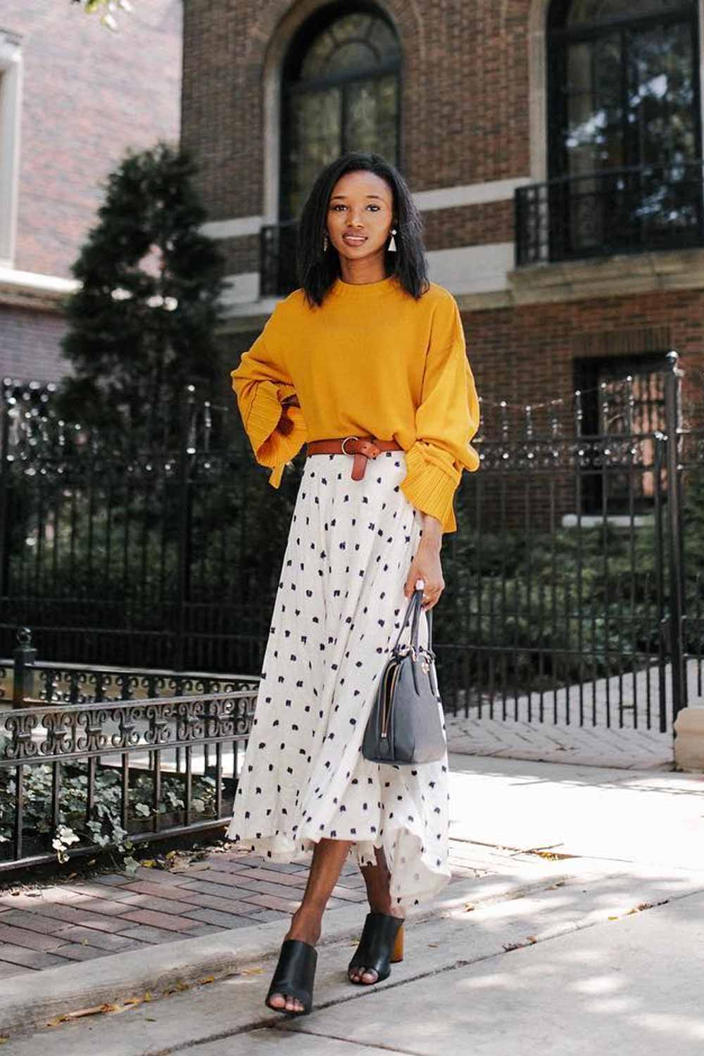 Long Skirt with Bright Sweater Outfits