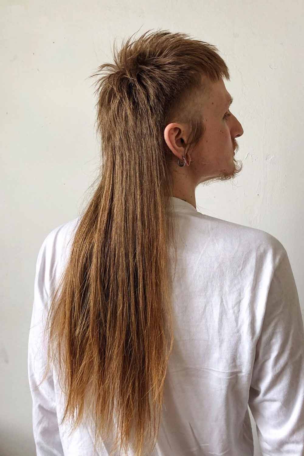 Image of Long, straight mullet with a ponytail