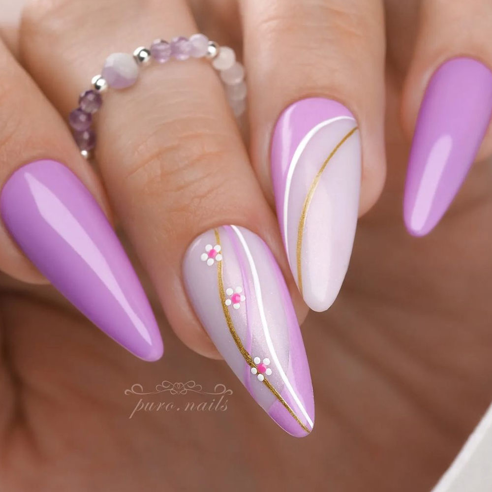 Purple Nails with Flowers