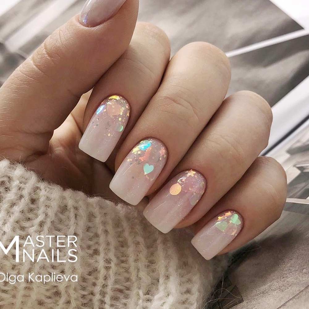Nude White Nails with Glitter