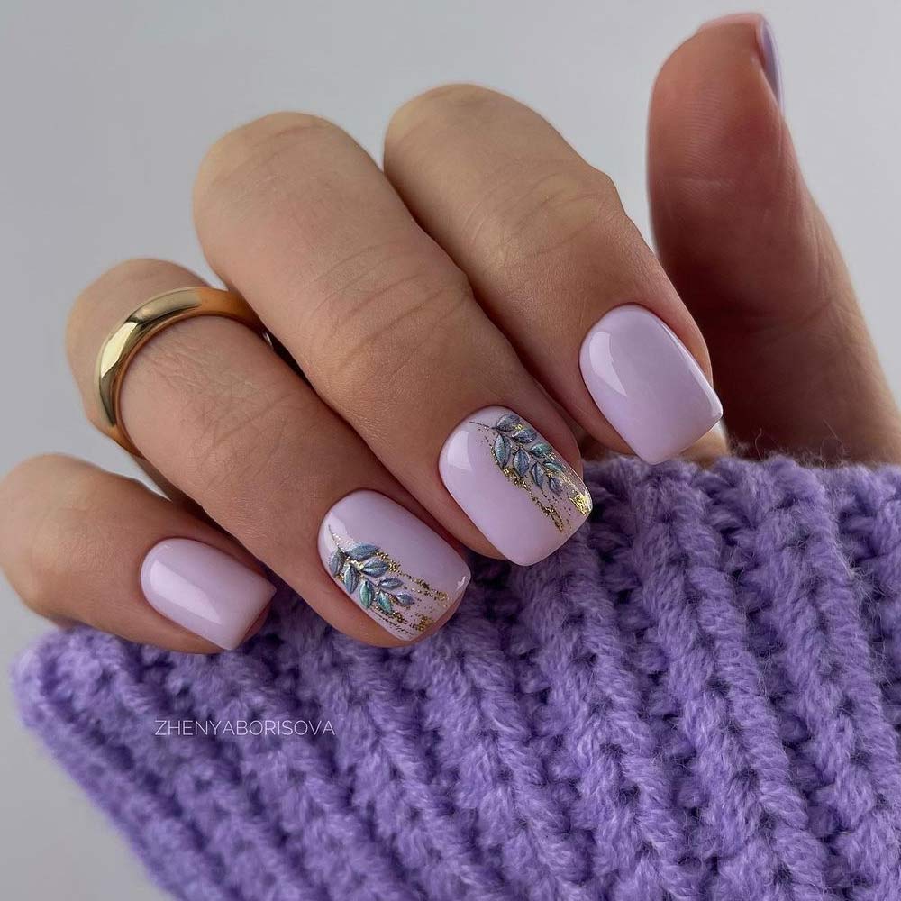 Square Purple Nails with Flowers