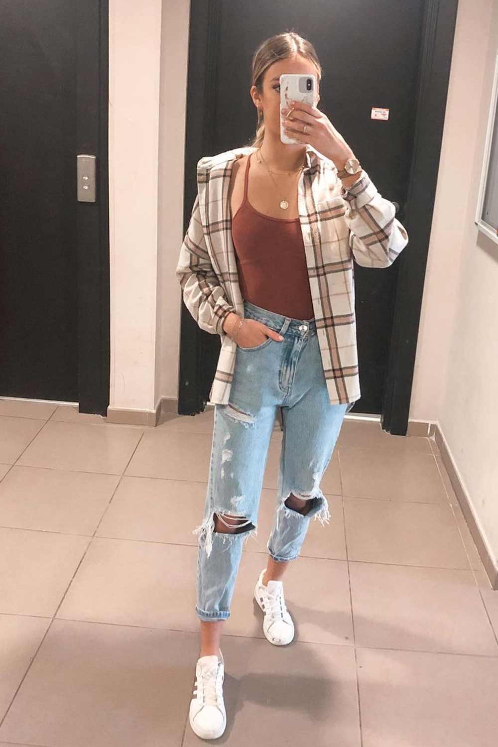 Ripped Jeans with Plaid Shirt Outfits