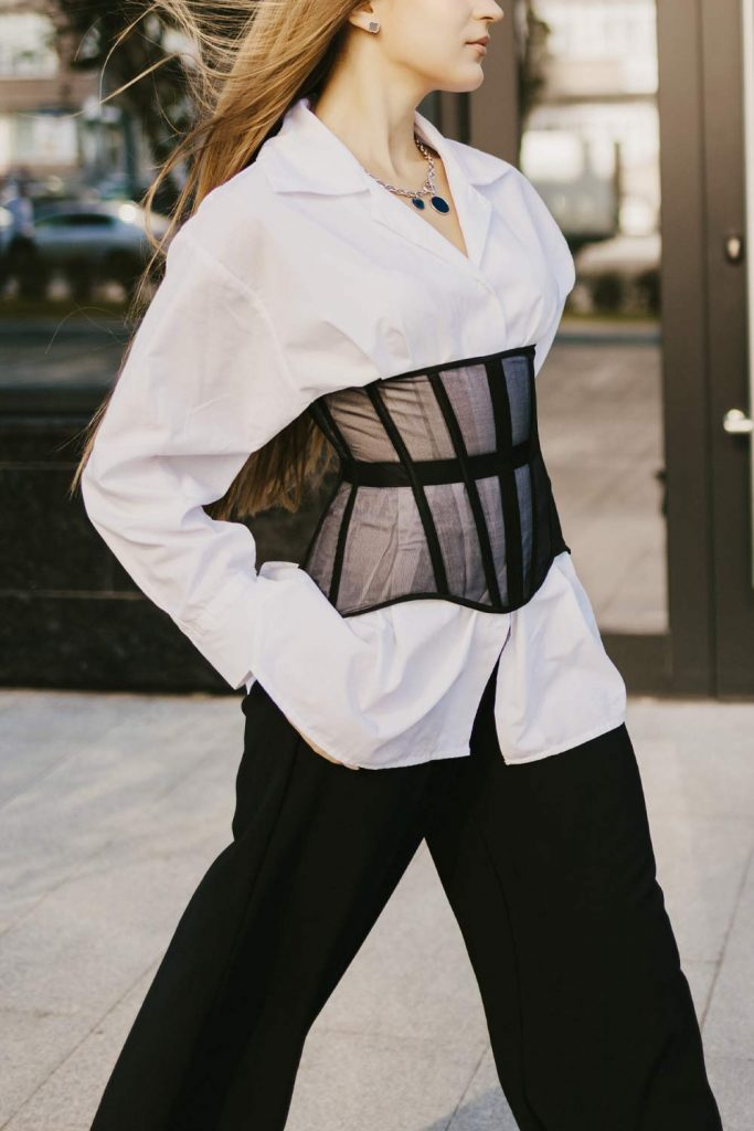 white shirt black corset outfit