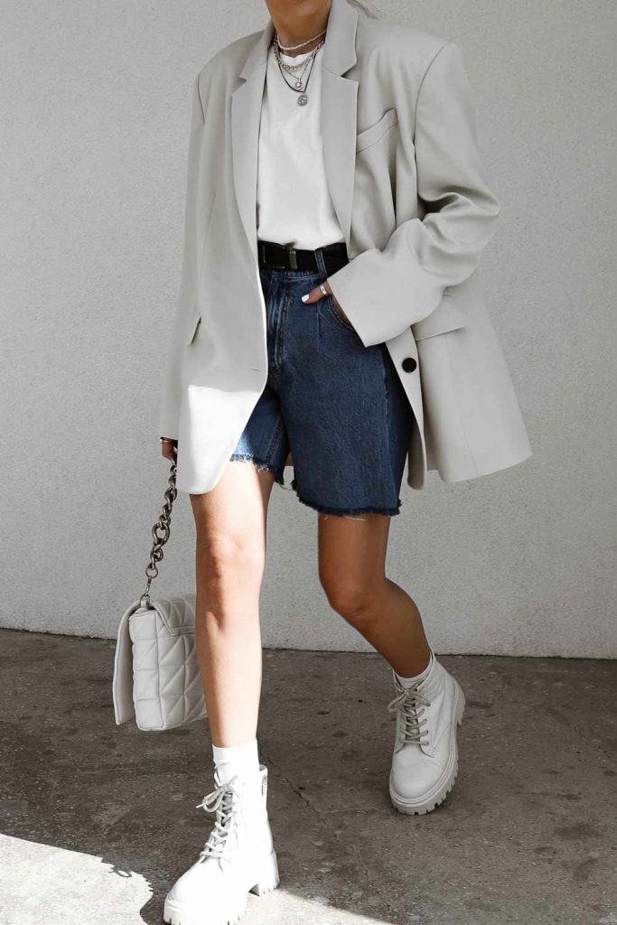 Gray Blazer with Denim Shorts Outfits