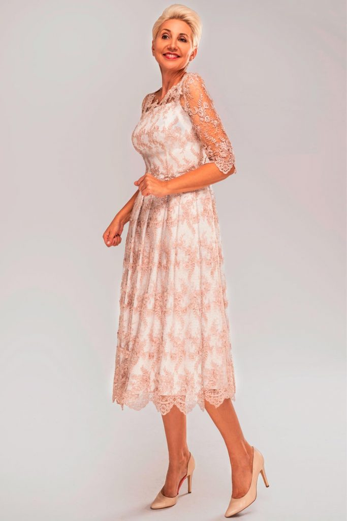 Pastel Fitted Midi Dress With Three-Quarter Length Lace Sleeves