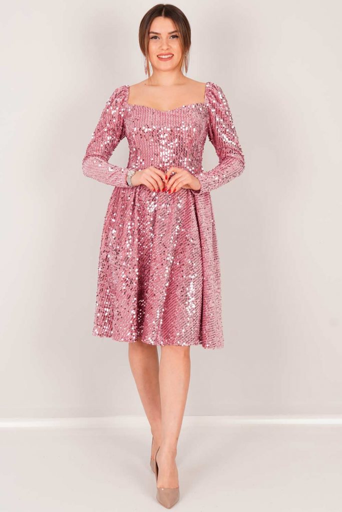 Glamorous Pink Shiny Cocktail Midi Dress With Long Sleeves