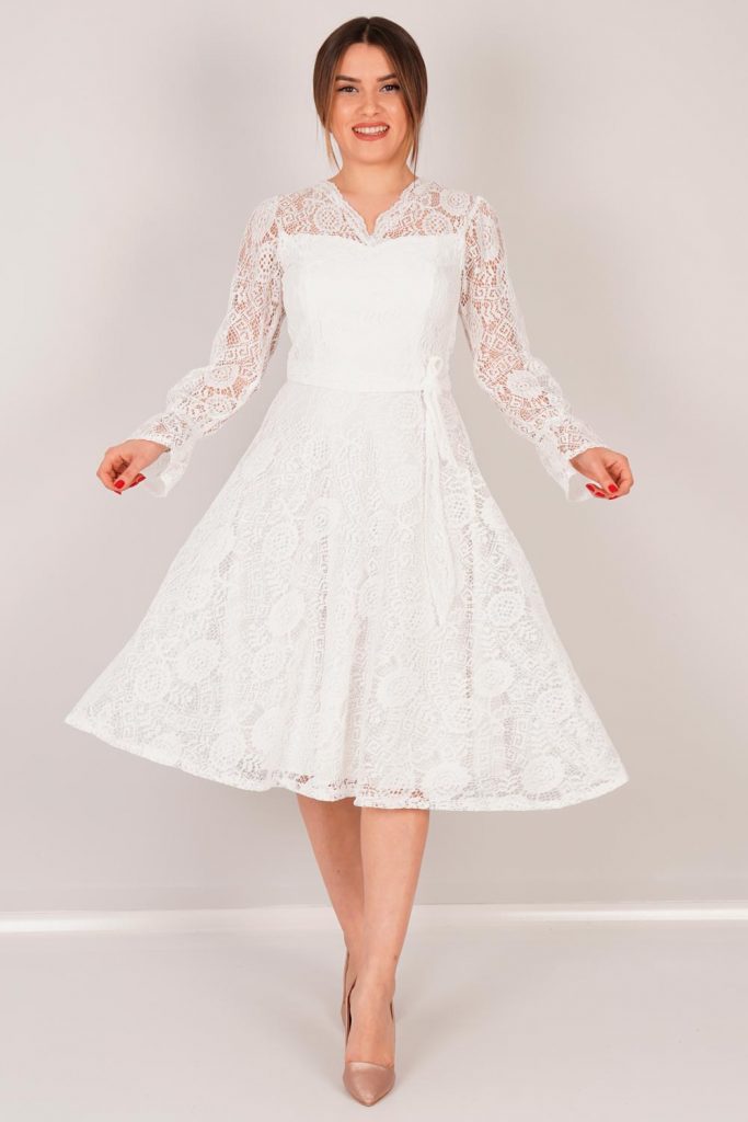 White Lace Midi Dress Long Sleeves & Bell-Shaped Skirt