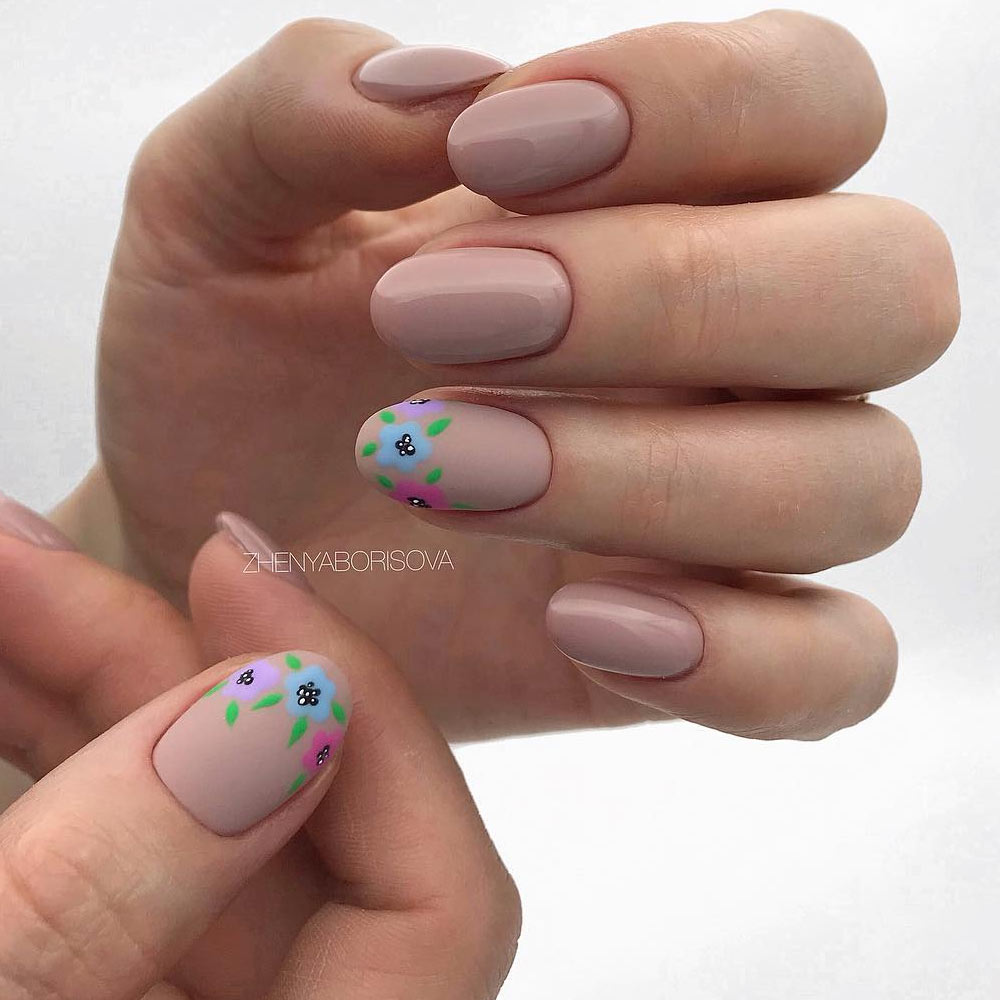 Nude Oval Nails with Floral Accent