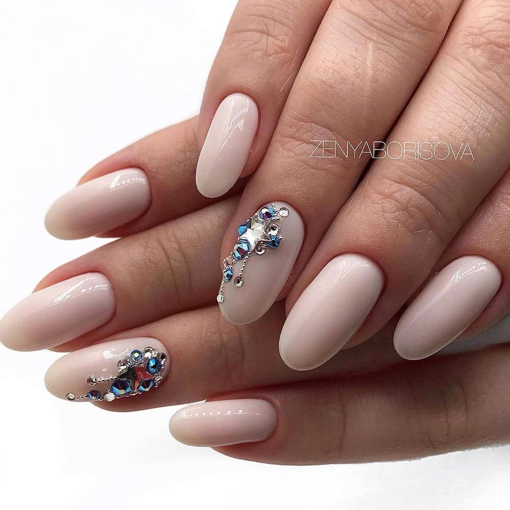 Matte Oval Nails with Rhinestones Accent