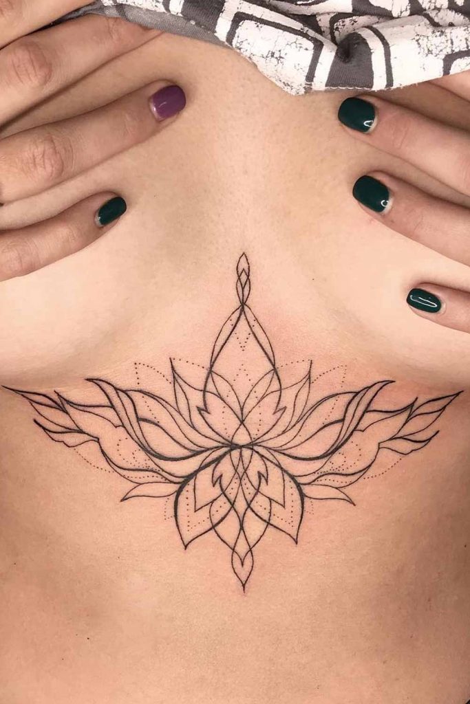 Line Lotus Flower Sternum Tattoo