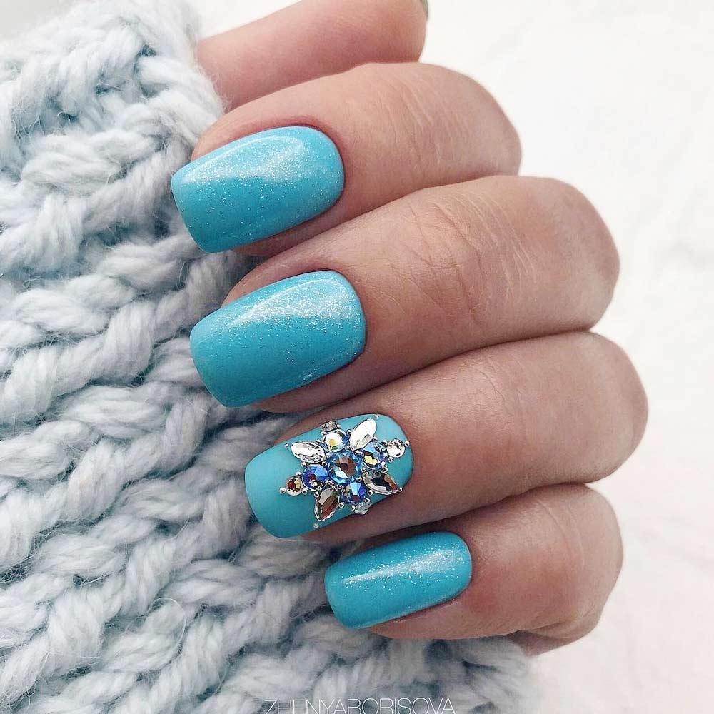 Blue Glitter Nails with Rhinestone Accent