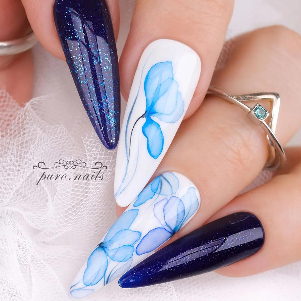 Blue Nails with Flowers
