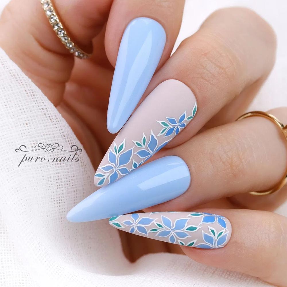 Baby Blue Nails with Flowers
