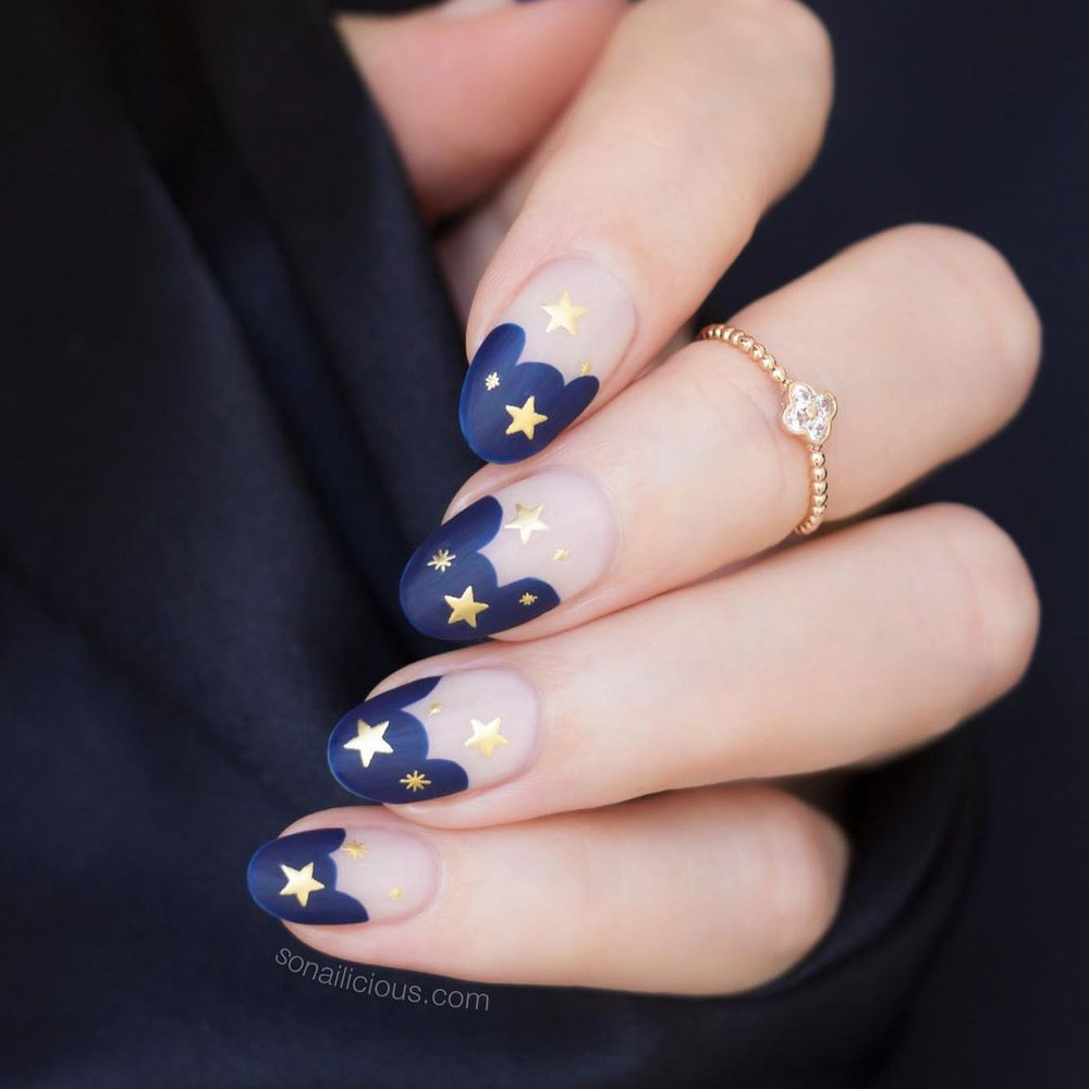 Navy Blue Nail Tips with Stars