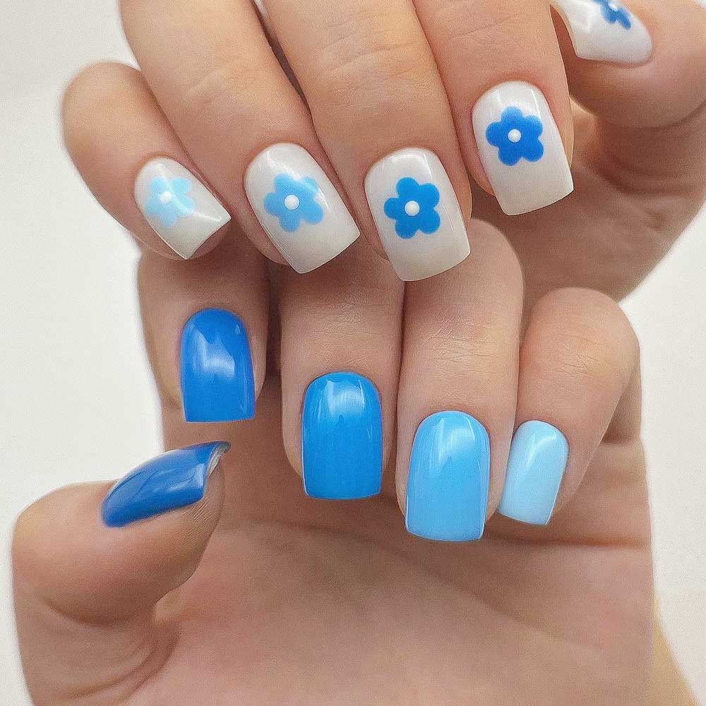 Blue Shades Nails with Flowers