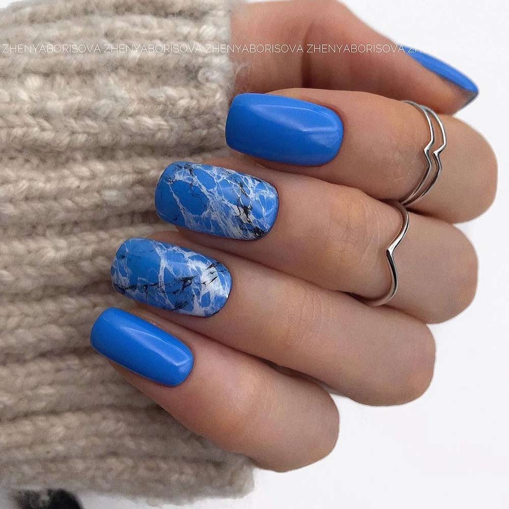 Blue Water Marble Nails