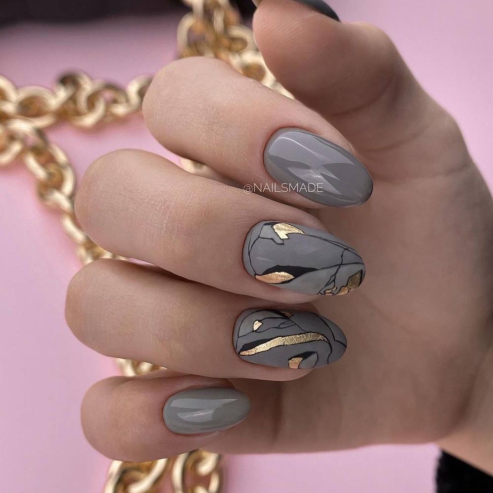 Gold Foil Nail Art, Half Gray Nails with Gold Accent