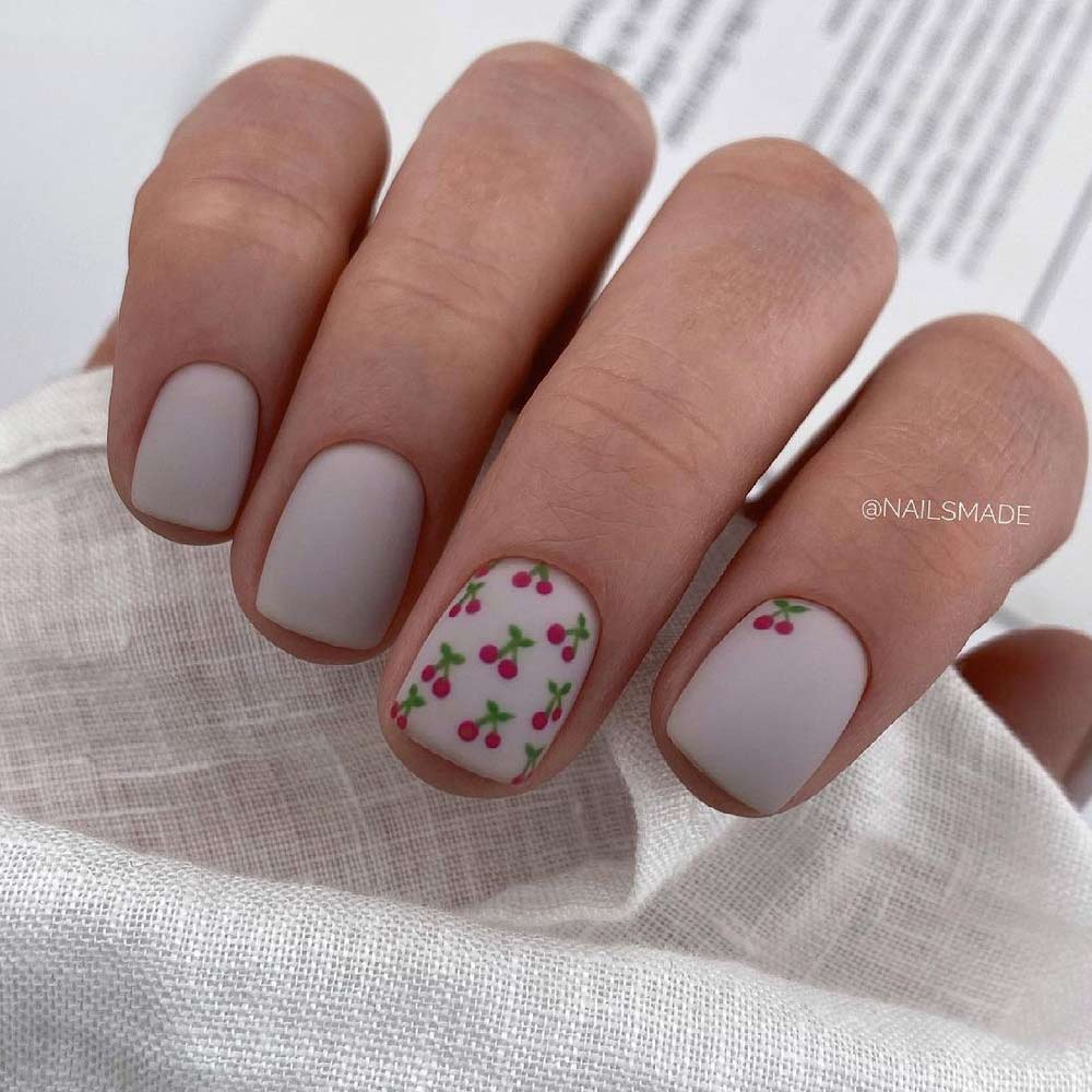 Matte Grey Nails with Cherry Art