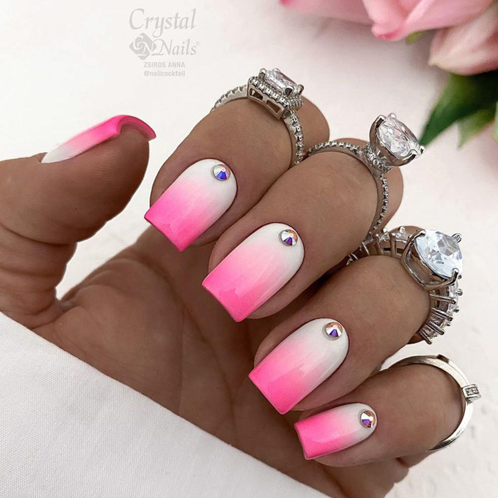 Bright Pink and White Ombre Nails