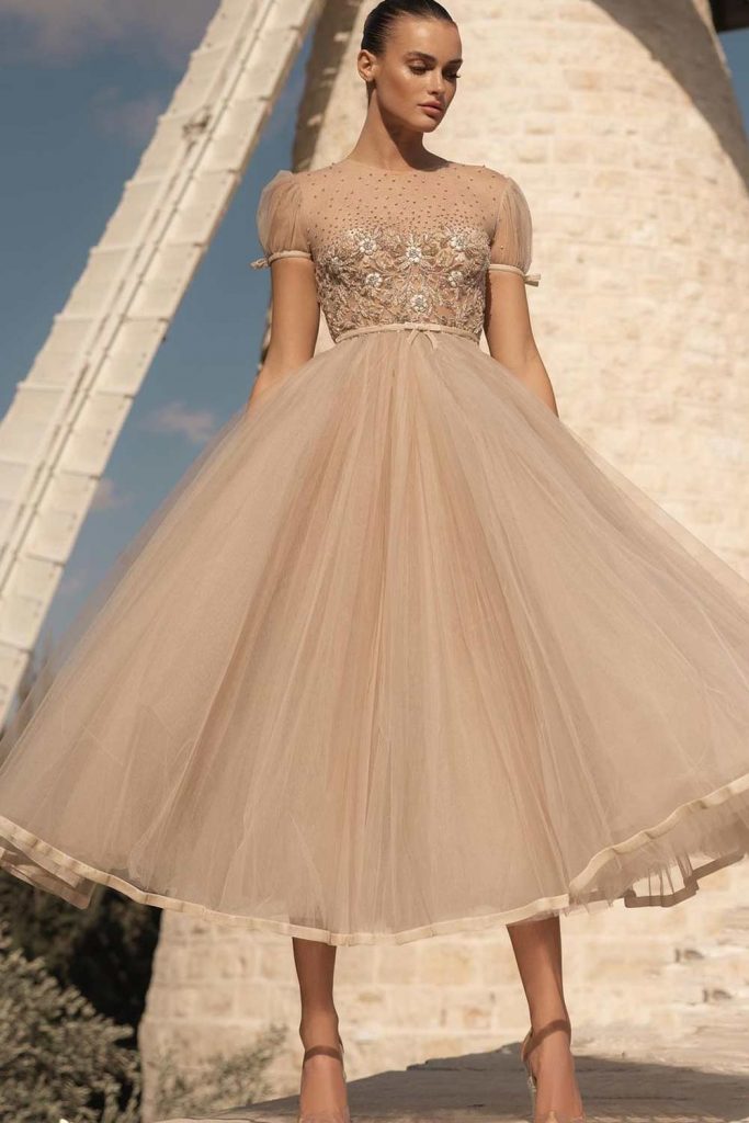 Beige Tea Length Wedding Dress