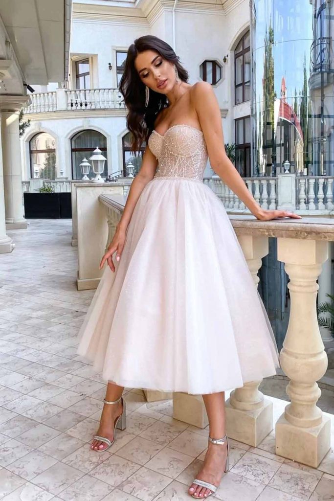 Off The Shoulder Tea Length Wedding Dress