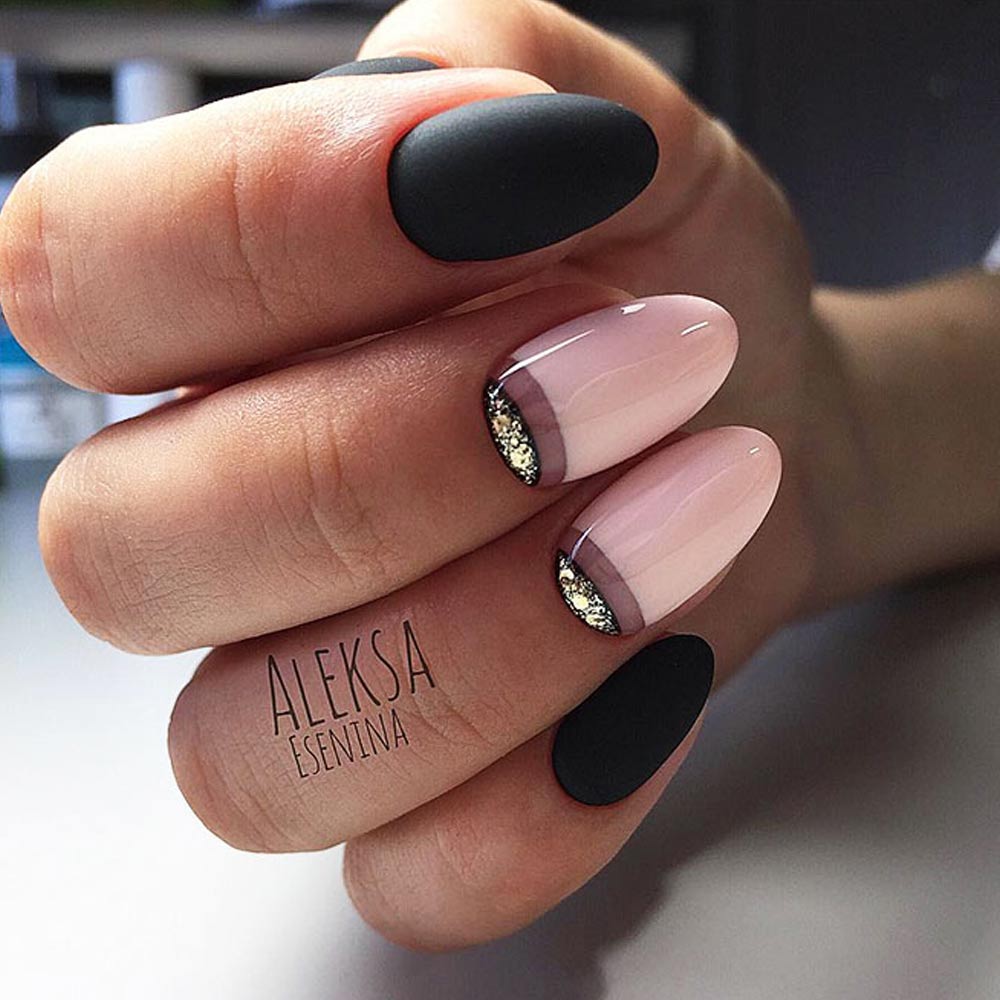 Pink and Black Nails with Half Moon Design