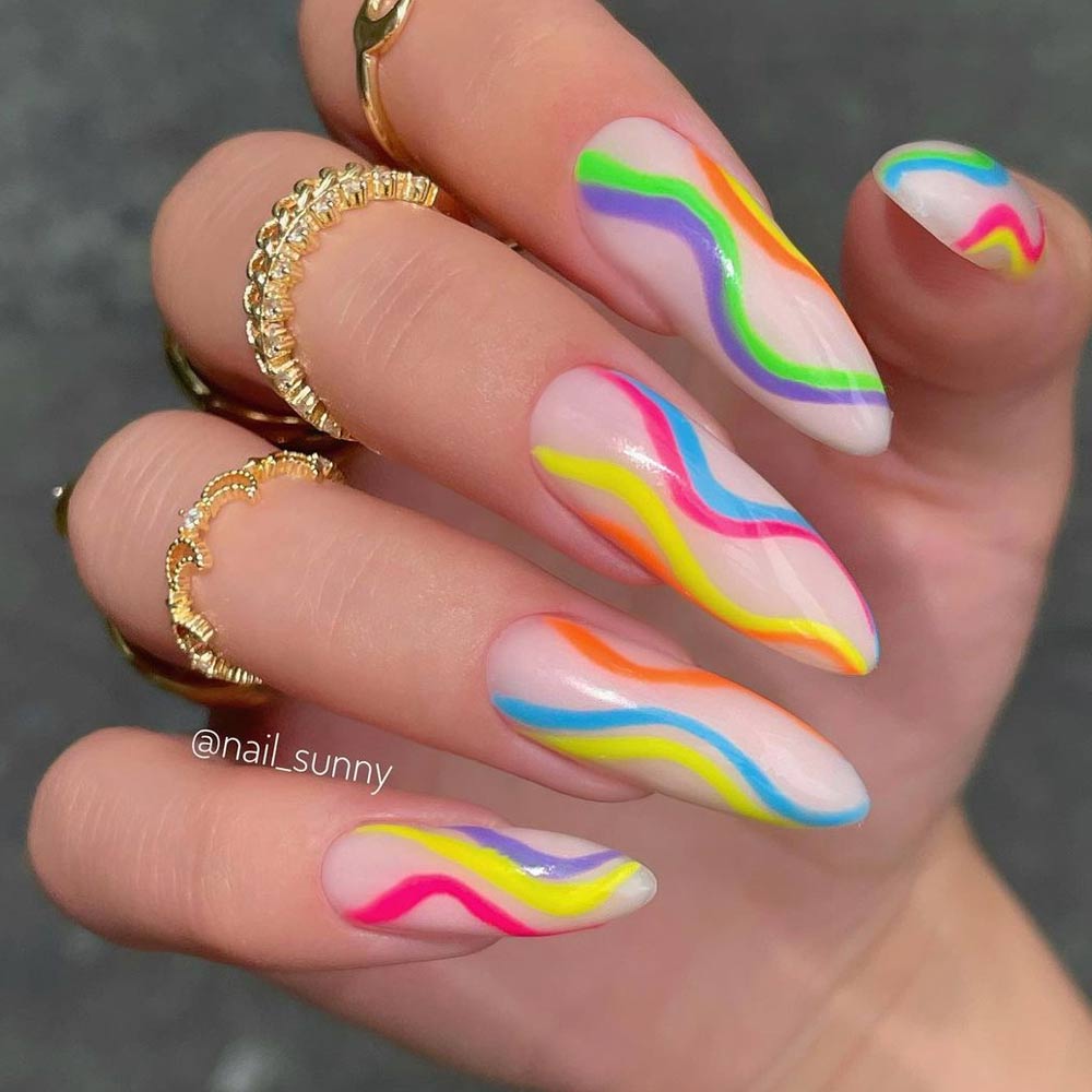 Wavy Rainbow Stripes Nails Design