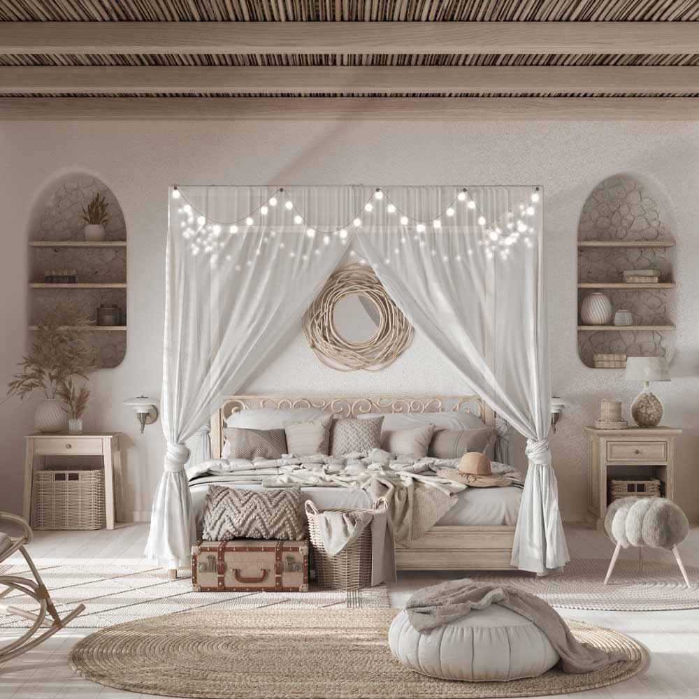 Canopy Bed with String Lights Boho Room
