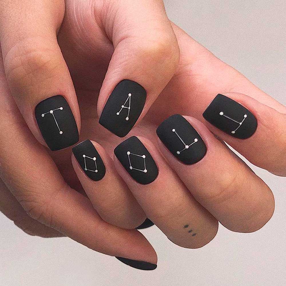Black Matte Nails With Lettering