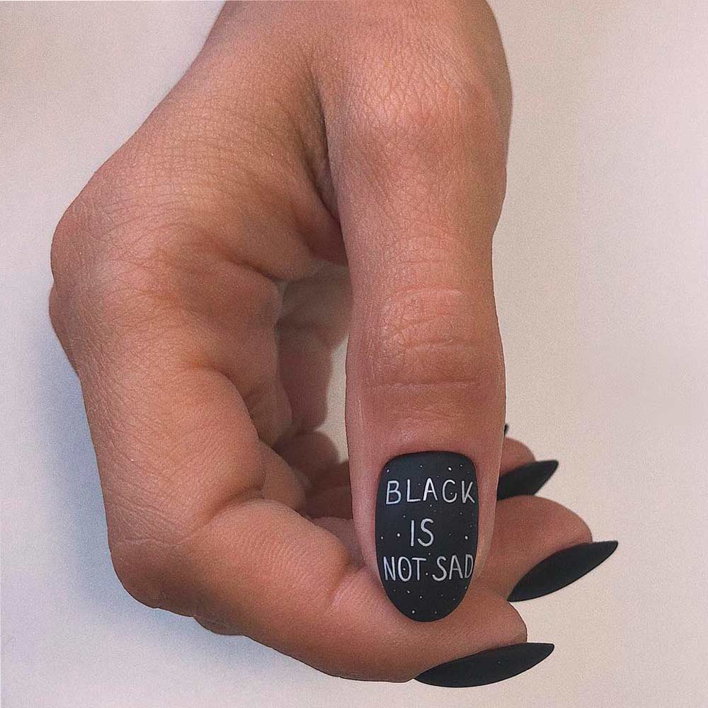 Black Matte Nails With Lettering