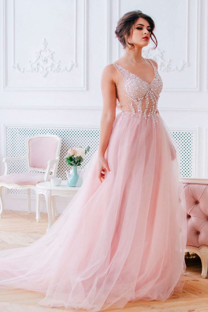 V-Neck Pink Wedding Gowns