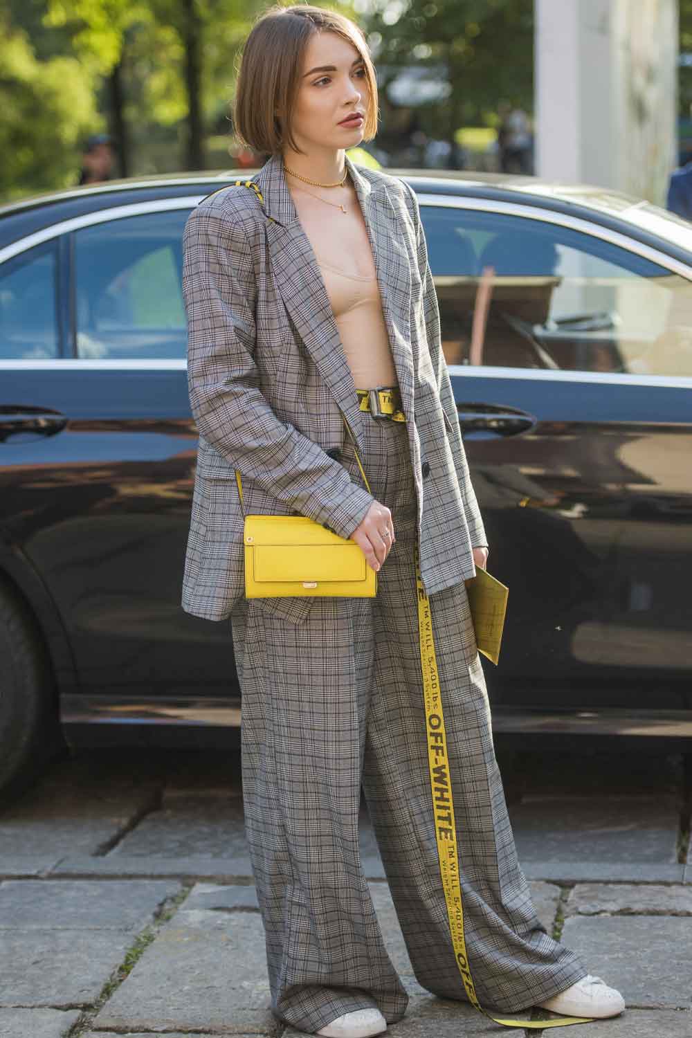 Plaid Suit with Accented Belt and Bag