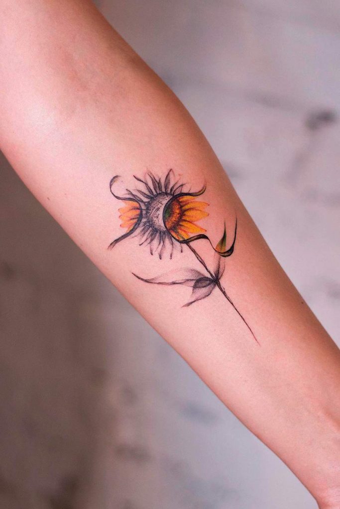 Half-Color Sunflower Arm Tattoo