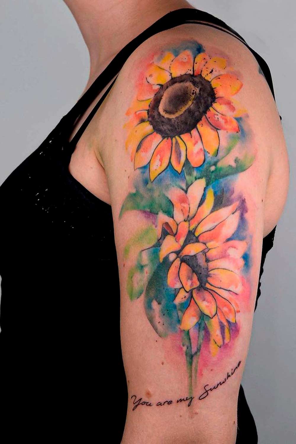 Sunflower Arm Tattoo Design With Lettering