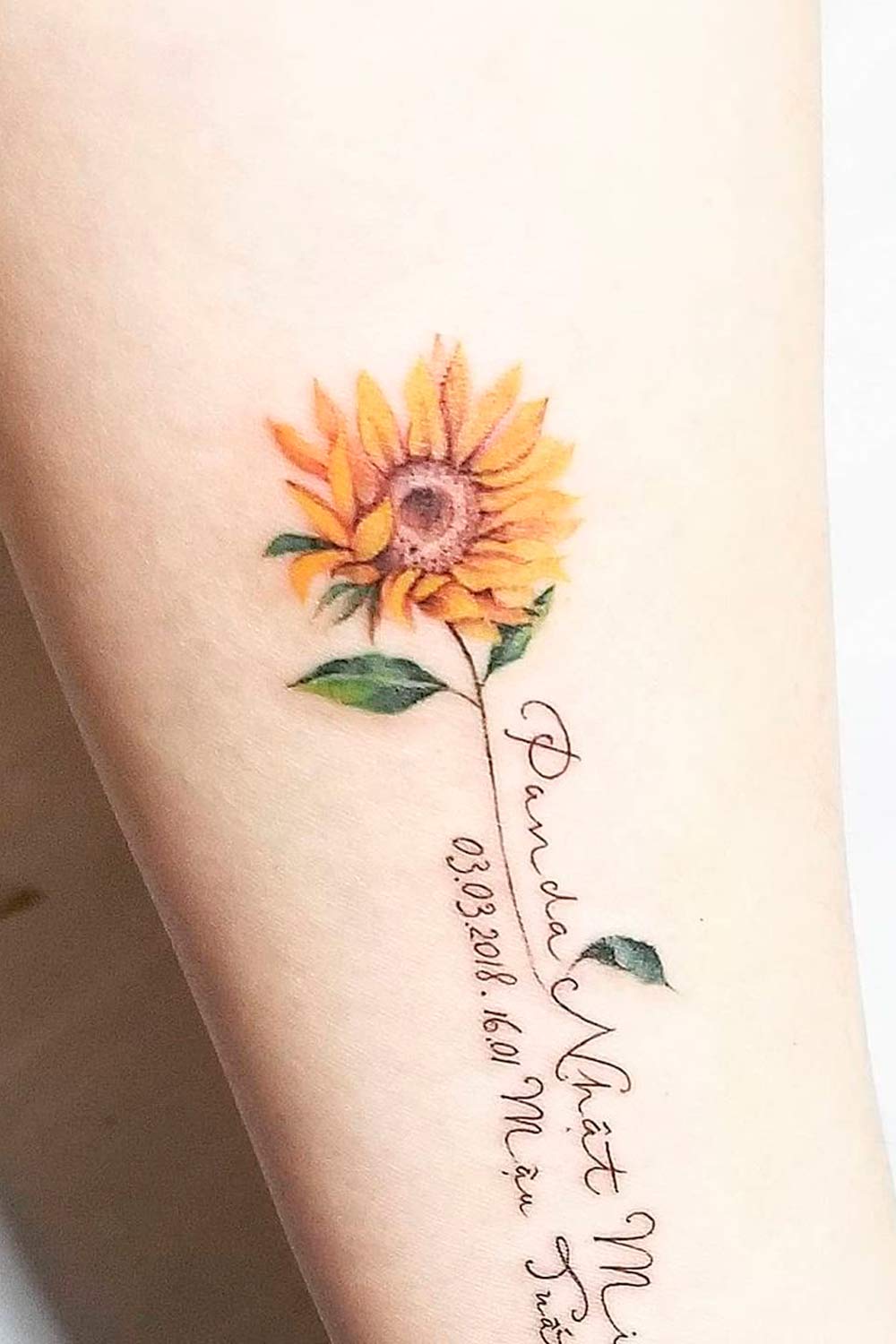 Sunflower Arm Tattoo Design With Lettering